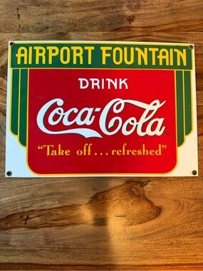 Vintage ‘Airport Fountain’ Enamel Porcelain Coke Sign